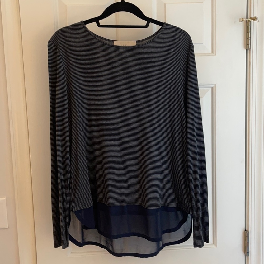 Gray striped long sleeve with blue mesh